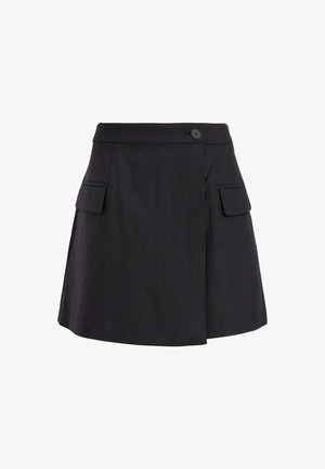 Black skirt with a straight-cut design, featuring a button at the waist and two side pockets. Made from a smooth fabric with minimal texture.