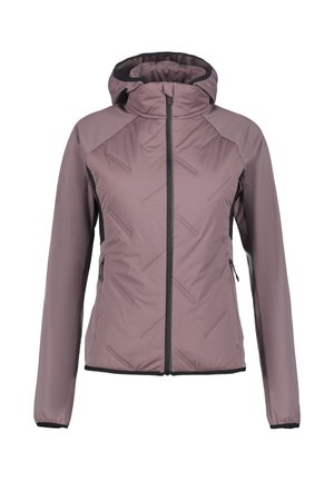 Chaqueta ligera de color malva con cierre de cremallera en la parte delantera, capucha y patrón de costura diagonal. Cuenta con dos bolsillos laterales y puños elásticos.