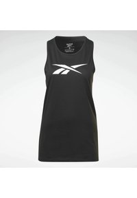 Černý sportovní tílko bez rukávů vyrobené z měkké tkaniny, na přední straně s velkým bílým logem Reebok. Hladký povrch, kulatý výstřih.