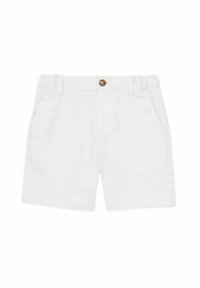 Pantalones cortos de algodón blancos con cierre de botón en la parte delantera, bolsillos laterales y corte recto. Textura suave con un diseño limpio y minimalista.