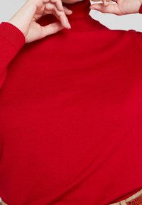 Czerwony sweter z wysokim kołnierzem, z podłużnym ściągaczem, posiadający długie rękawy i dopasowany krój. Materiał wydaje się być miękki i elastyczny, podkreślając linię dekoltu.