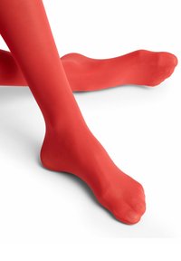Collant rossi opachi con texture liscia, forma aderente e design con punta aperta, esposti su due gambe su uno sfondo bianco.