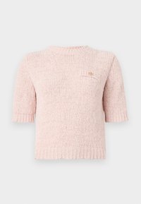 Kurzärmeliger, rosa gestrickter Pullover mit strukturierter Oberfläche und kleiner Brusttasche. Verfügt über einen gerippten Halsausschnitt und Saumdetails.