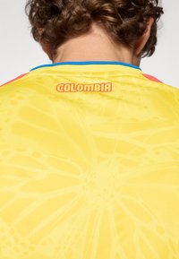 Pessoa com cabelo encaracolado vista por trás, vestindo uma camisola desportiva amarela com a palavra "COLOMBIA" impressa perto da gola.