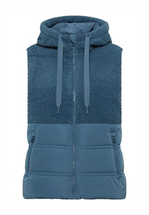 Blå ärmlös väst med en texturerad fleece övre del och slät underdel, med en framdragkedja och justerbara snörningar på huvan.