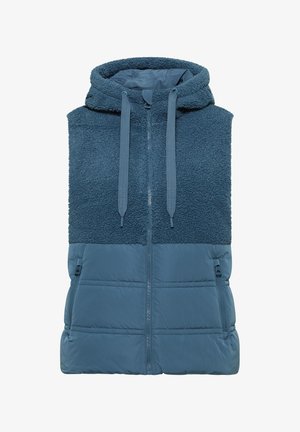 Blaues ärmelloses Weste mit einem strukturierten Fleece-Oberteil und einem glatten Unterteil, ausgestattet mit einem frontalen Reißverschluss und verstellbaren Kordeln an der Kapuze.