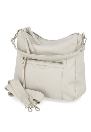 Sac à bandoulière en cuir écru avec poche zippée à l'avant, bandoulière en tissu amovible et réglable, et quincaillerie métallique argentée.