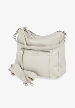 Sac à bandoulière en cuir écru avec poche zippée à l'avant, bandoulière en tissu amovible et réglable, et quincaillerie métallique argentée.