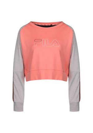 Sweat-shirt court corail et gris clair avec manches longues et logo FILA en contour blanc sur la poitrine.