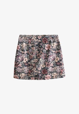 Rock mit floralem Muster in dunklen Farbtönen, gefertigt in einem figurbetonten Schnitt, mit glatter Textur und dezenten Nähten entlang des Taillenbundes.