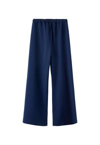 Marineblå vide bukser med elastisk midje, løs passform, uten synlige lommer eller tillegg.