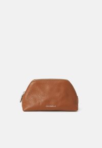 Brown leather pouch with a textured finish, rounded top, silver zipper, and a small logo at the front. Compact, elegant design.