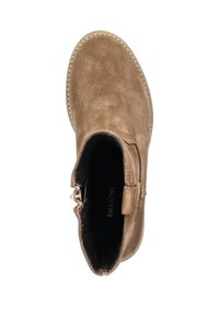 Brown suede ankle boot with round toe, stitch detailing along sole, and zipper on the side, viewed from above.