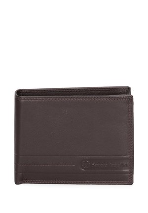 Portefeuille en cuir marron présentant un design pliable, une texture lisse, des coutures discrètes et un logo embossé à l'avant.
