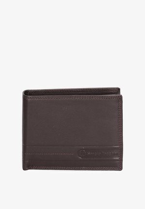 Bruine leren portemonnee met een bi-fold ontwerp, een gladde textuur, subtiele stiksels en een op de voorkant geperst logo.