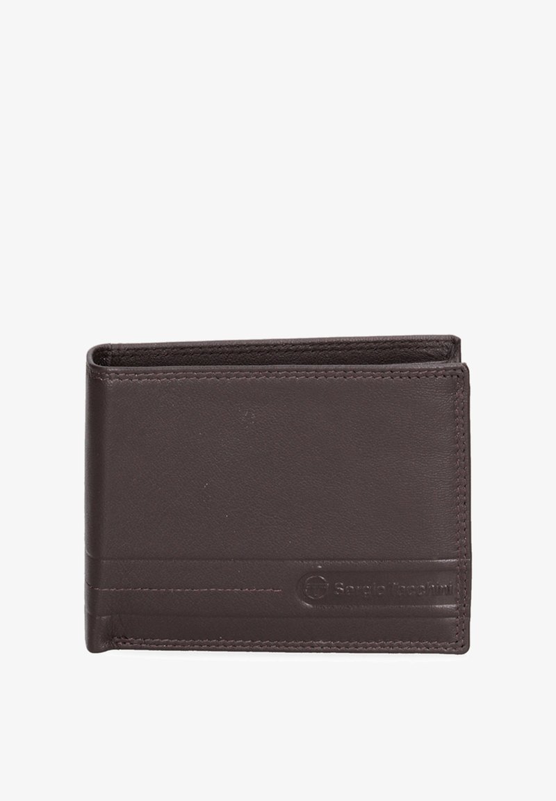 Portafoglio in pelle marrone con design a portafoglio pieghevole, texture liscia, cuciture sottili e logo impresso sulla parte anteriore.