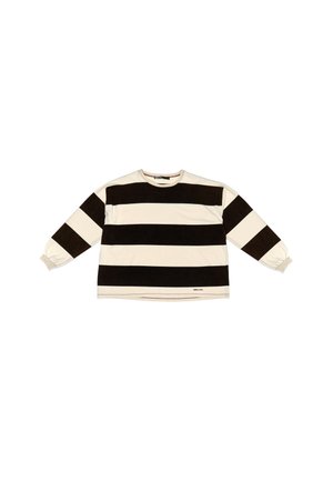 Palaidinė ilgomis rankovėmis su plačiomis horizontaliomis juodai baltomis juostelėmis ir gumuotais rankogaliais, išdėstyta plokščiai ant baltos fono.