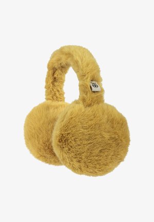 Faux fur ear muffs in a bright yellow color with a soft, fluffy texture and an adjustable band. Features a small fabric tag on one side.