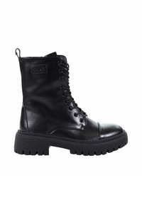 Czarne skórzane botki sięgające kostki z sznurowanym zapięciem, okrągłym noskiem i grubą gumową podeszwą z rowkami poprawiającymi przyczepność. Zawierają pętelkę.