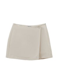 Falda envolvente beige hecha de tejido suave, con un cierre de botones en la parte delantera y una cremallera lateral, con un diseño limpio y minimalista.