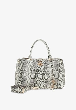 Grijs-witte handtas met slangenhuidpatroon, dubbele handvatten, gouden hardware en afneembare schouderriem, geplaatst naast op een witte achtergrond.