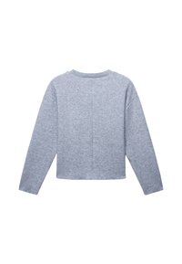 Maglione grigio corto con maniche lunghe, realizzato in un tessuto morbido. Presenta un collo a girocollo a coste e un semplice design senza cuciture sulla parte posteriore.