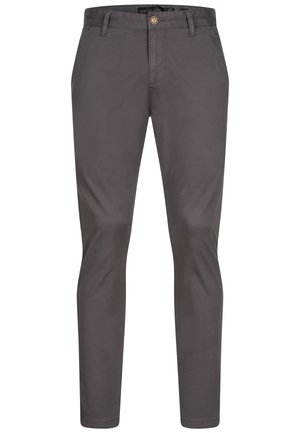 Gray cotton trousers with a straight cut, featuring a button closure, front pockets, and a smooth texture.