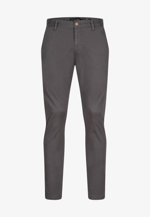 Gray cotton trousers with a straight cut, featuring a button closure, front pockets, and a smooth texture.