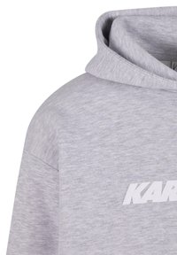 Gray hoodie featuring a soft, textured fabric with a large white logo print. The design includes a medium-sized hood and dropped shoulder seams.