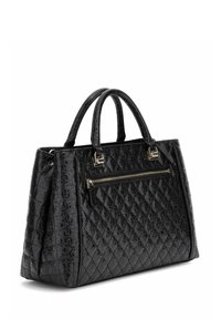 Sac à main noir matelassé avec un extérieur texturé, des poignées doubles et une poche zippée à l'avant. Présente des détails en métal argenté.