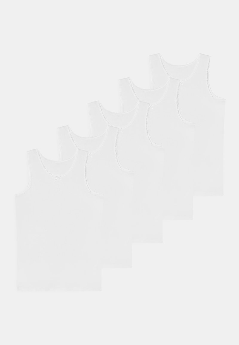 Ensemble de cinq débardeurs blancs avec un col rond, en coton doux, et un délicat bord en dentelle le long des bords.