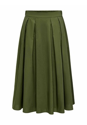 Jupe mi-longue vert olive avec une large ceinture et des plis plats, réalisée en tissu fluide et lisse.