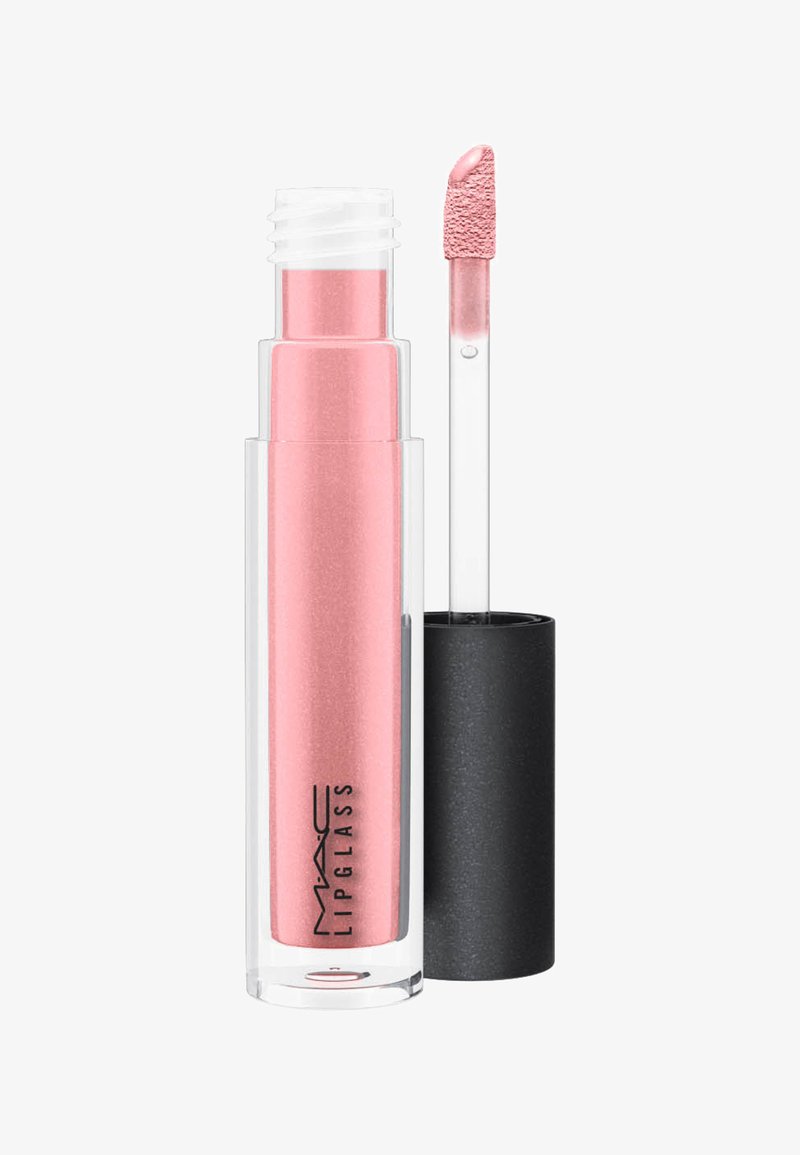 Lipglass de MAC en un tubo transparente con un brillo rosa iridiscente. Incluye un aplicador transparente con una punta texturizada. Tapa negra como acento.