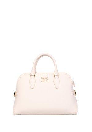 Borsa strutturata color crema con doppi manici, logo "ER" in metallo dorato sul davanti e chiusura a zip sulla parte superiore.