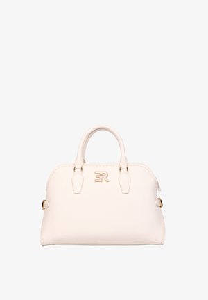 Borsa strutturata color crema con doppi manici, logo "ER" in metallo dorato sul davanti e chiusura a zip sulla parte superiore.