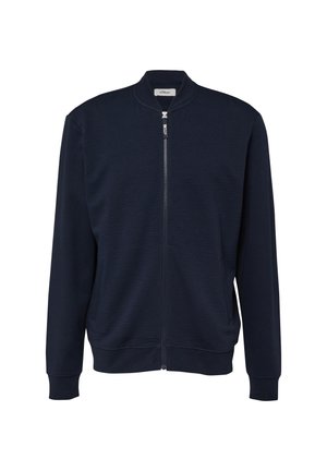 Granatowa kurtka bomber z pełnym suwakiem z przodu, prążkowanym kołnierzem, mankietami i pasem, z fakturowaną tkaniną na przedniej części.