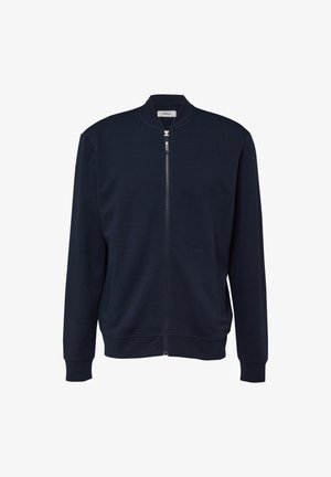 Marineblaue Bomberjacke mit durchgehendem Frontreißverschluss, geripptem Kragen, Bündchen und Bund, mit strukturierter Stoffoptik am Vorderkörper.