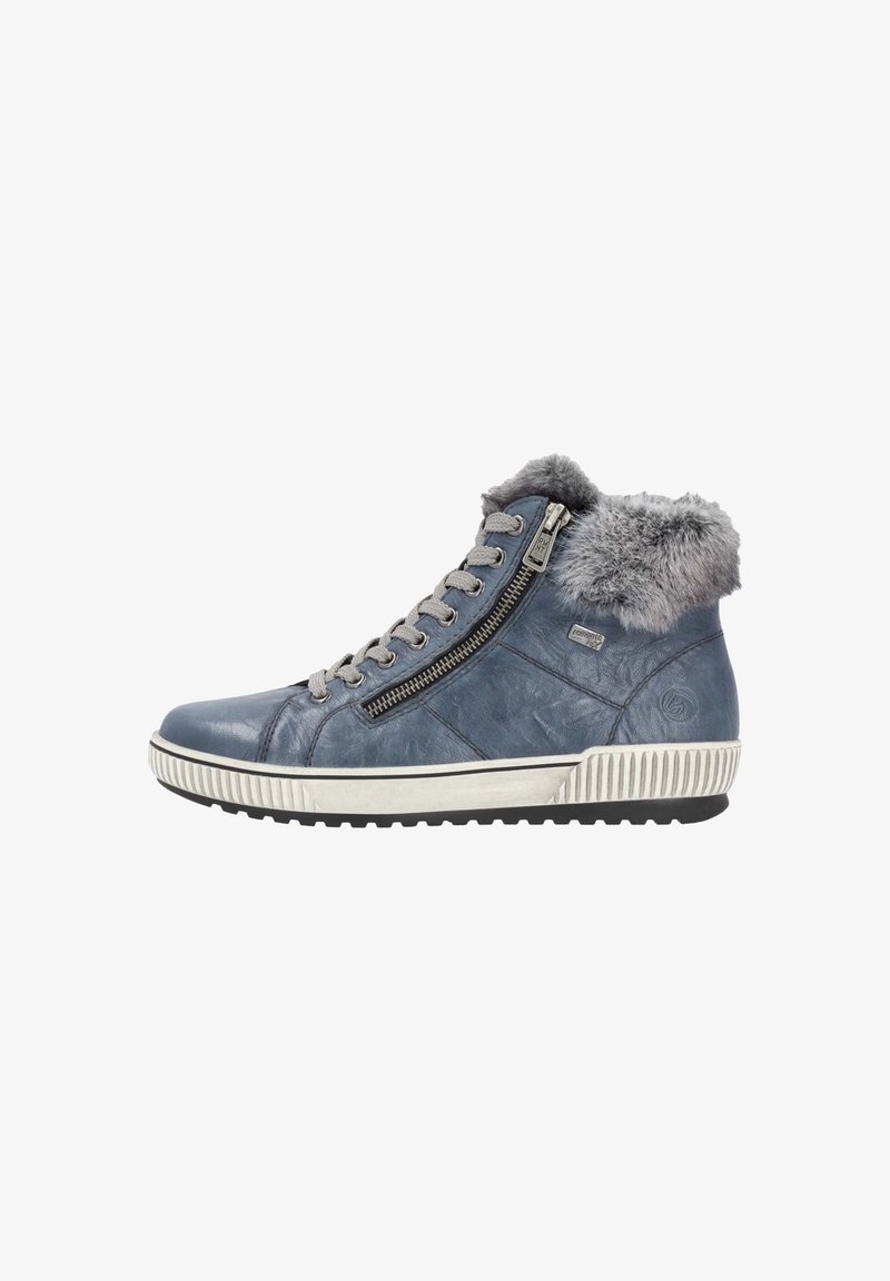 Blue leather high-top sneaker with a furry grey collar, side zipper, grey laces, textured panels, and a ridged white sole.