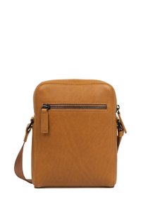 Borsa a tracolla in pelle marrone chiaro con tasca frontale con zip, texture liscia, tracolla regolabile e design minimalista.