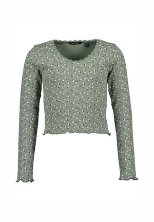 Grøn ribbet langærmet crop top med små pink blomsterprint og bølgekant ved halsudskæring, manchetter og nederkant.