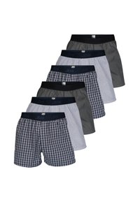 Sei paia di boxer con cintura elastica; modelli variati tra cui quadri e righe, in colori come blu, grigio e bianco.