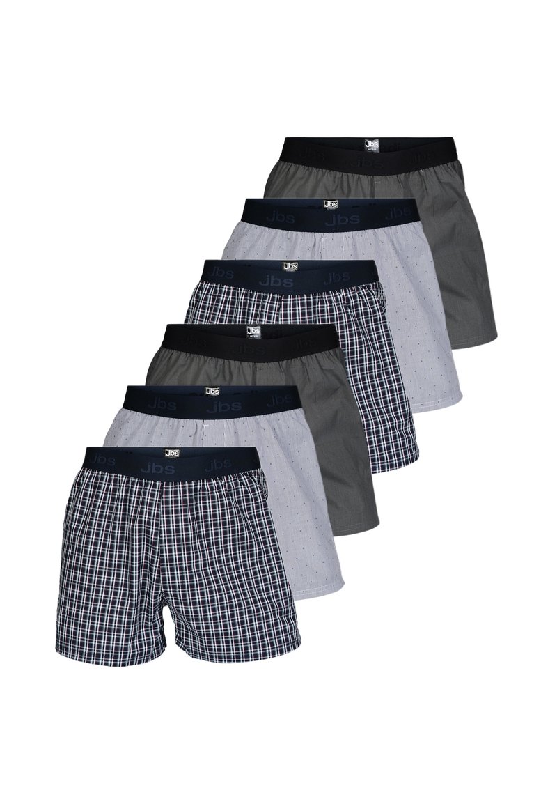 Sei paia di boxer con cintura elastica; modelli variati tra cui quadri e righe, in colori come blu, grigio e bianco.