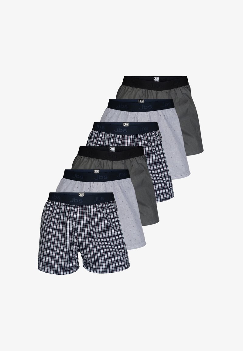 Sei paia di boxer con cintura elastica; modelli variati tra cui quadri e righe, in colori come blu, grigio e bianco.