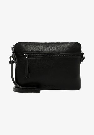 Bolso cruzado de cuero negro con un acabado texturizado, bolsillo frontal con cremallera y correa ajustable. Diseño compacto rectangular.