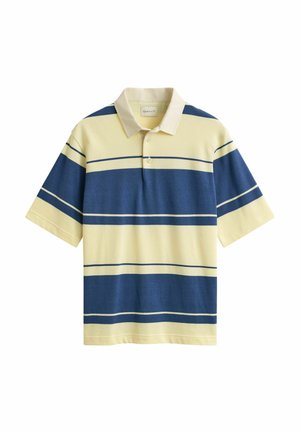 Kurzärmeliges Poloshirt mit beige-blauen horizontalen Streifen und einem beigen Kragen, mit zwei Knöpfen unter dem Kragen.