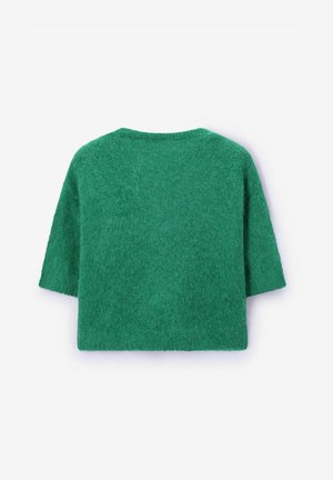 Short-sleeve, loose-fit sweater in vibrant green. Made of soft, textured knit material with a rounded neckline and minimal seams.