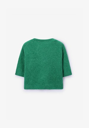 Short-sleeve, loose-fit sweater in vibrant green. Made of soft, textured knit material with a rounded neckline and minimal seams.