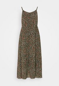 Robe midi verte sans manches avec fines bretelles et un petit motif floral orange et blanc.