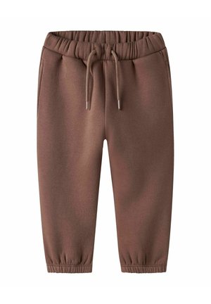 Brown elastic waist jogger pants with drawstring and elastic cuffs, designed for casual wear.
