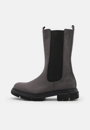 Gray suede ankle boot with black elastic side panels, rounded toe, and chunky black rubber sole. Includes pull tabs for easy wear.